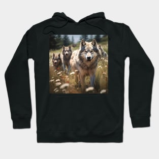 Wildlife: a pack of wolves wandering through a meadow Hoodie